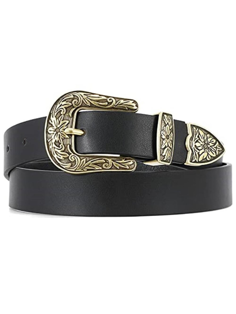Womens Western Belt Floral Buckle PU Leather Cowgirl Waist Belt Adjustable